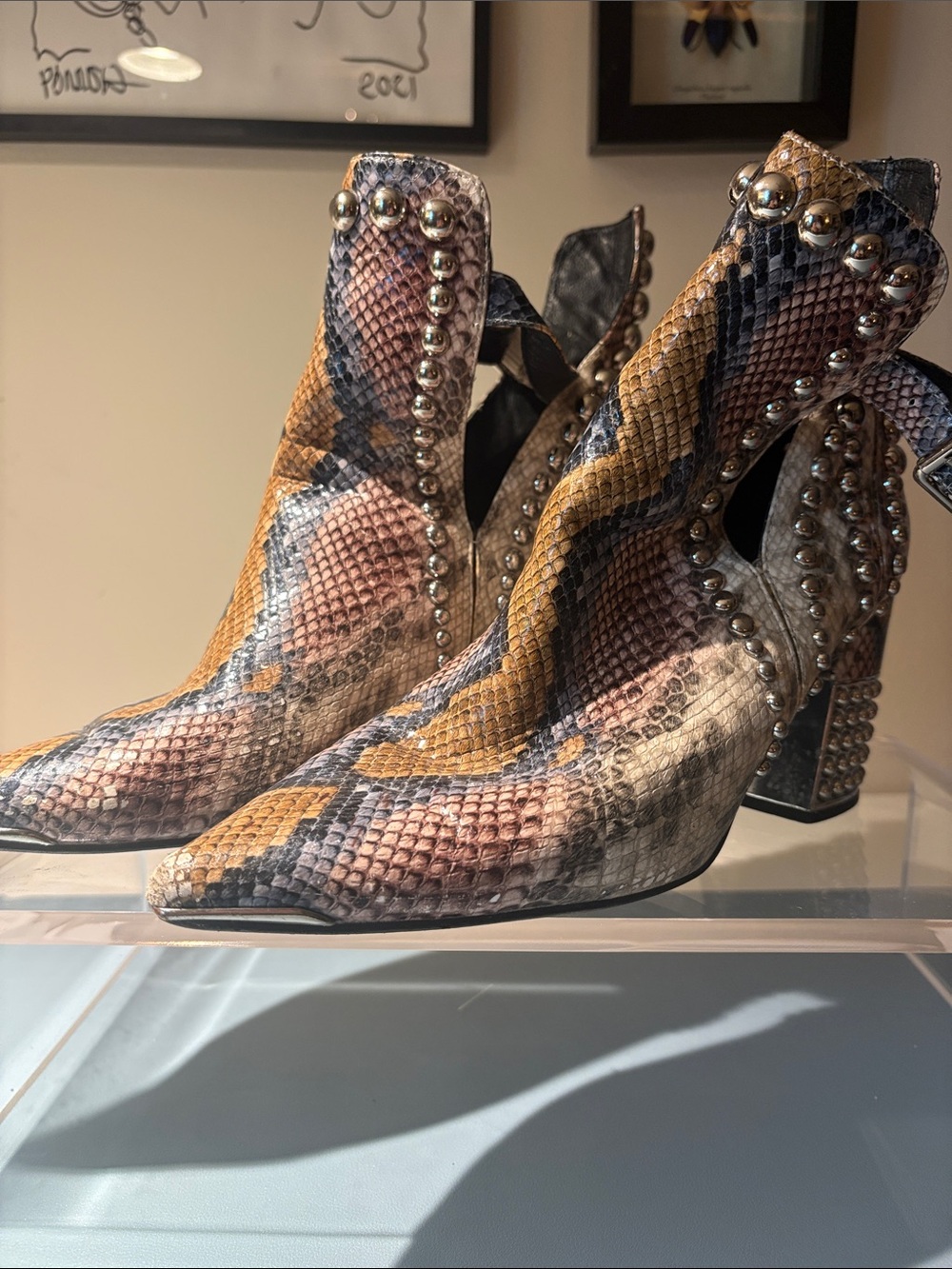 Jeffrey Campbell Multi-Color Snake-Print Studded Pointed Ankle Boots